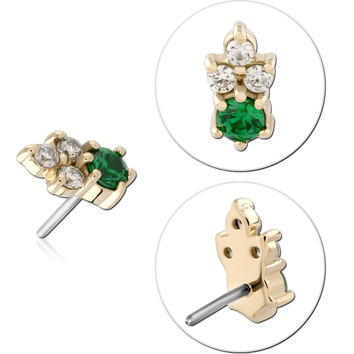 14K YELLOW GOLD TOP WITH TITANIUM THREADLESS PIN VERTICAL GREEN AND CLEAR GEM CLUSTER