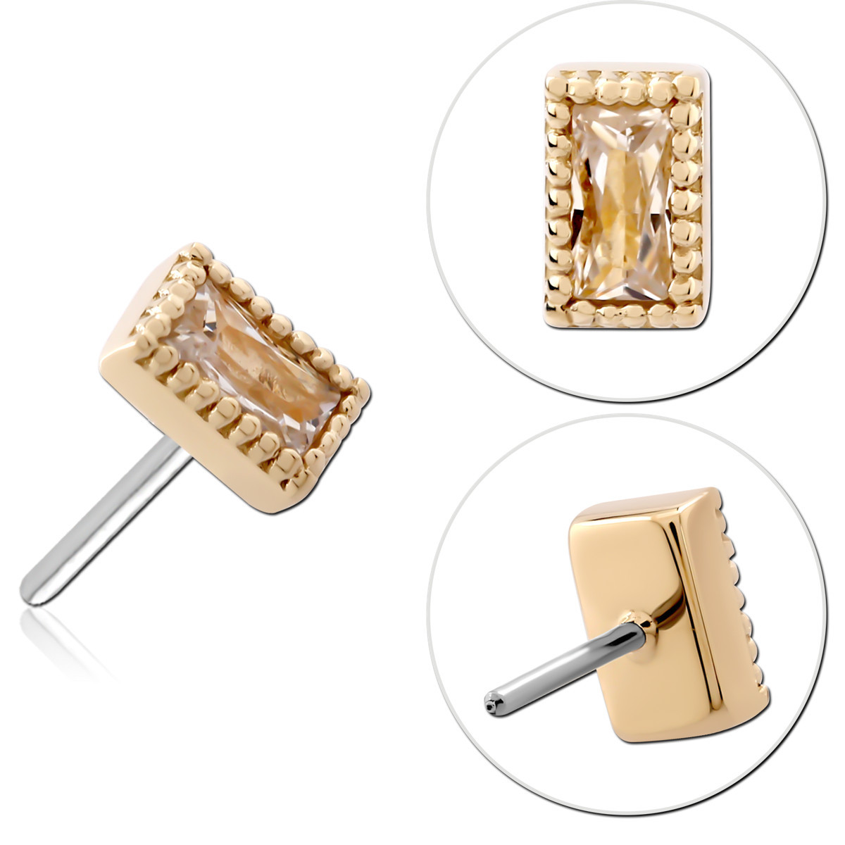 14K YELLOW GOLD TOP WITH TITANIUM THREADLESS PIN BEADED RECTANGLE GEM
