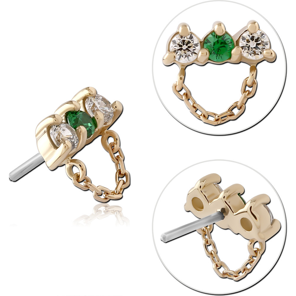 14K YELLOW GOLD TOP WITH TITANIUM THREADLESS PIN TRIPLE GEM BAR WITH DOUBLE CHAIN
