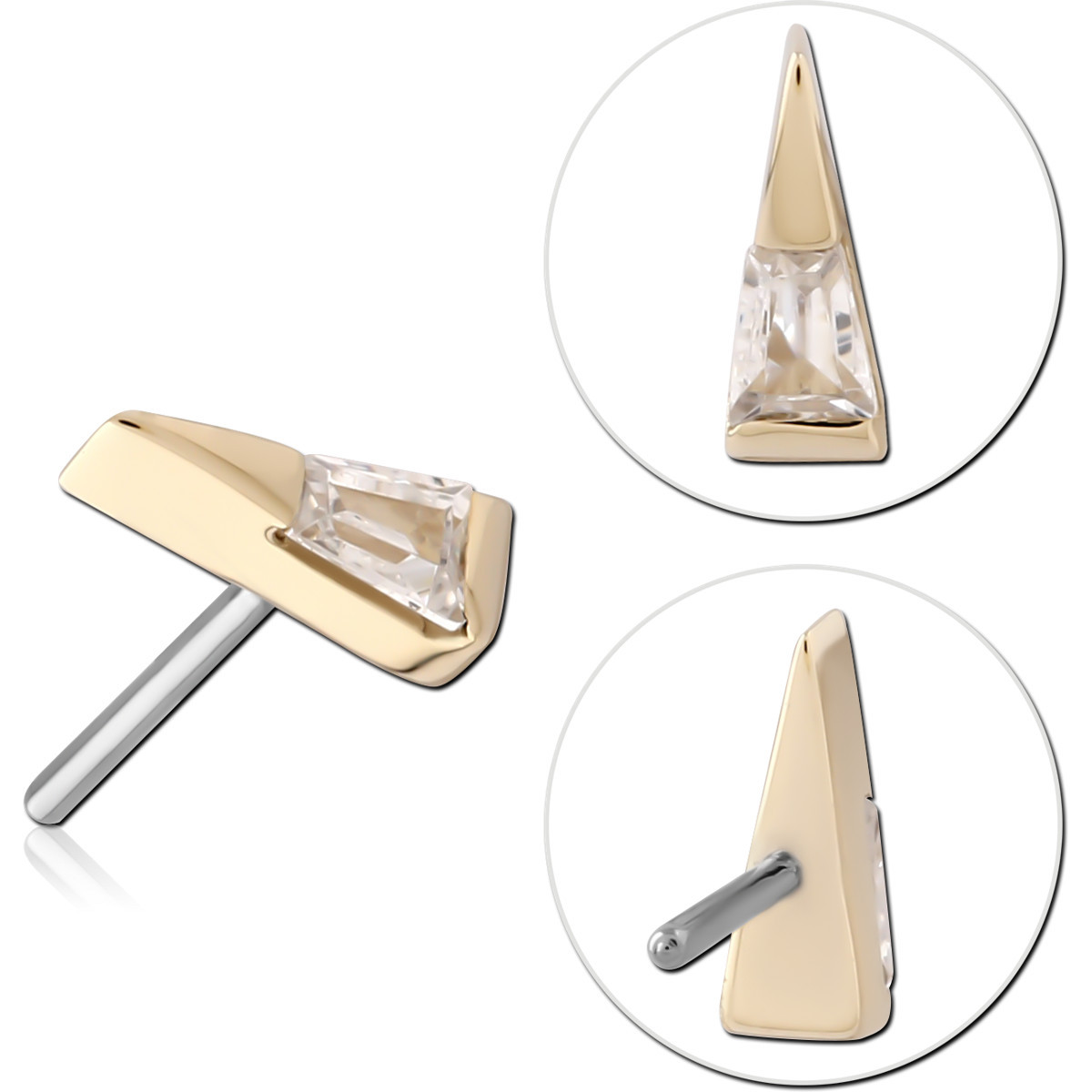 14K YELLOW GOLD TOP WITH TITANIUM THREADLESS PIN ASYMMETRICAL TRIANGLE GEM