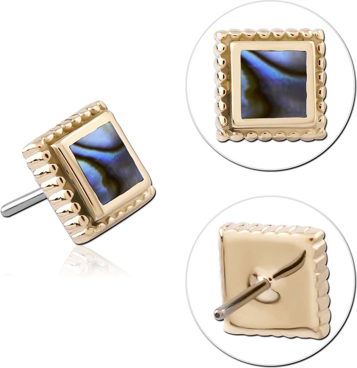 14K YELLOW GOLD THREADLESS TOP SQUARE INLAY BEADED BORDER FRAME