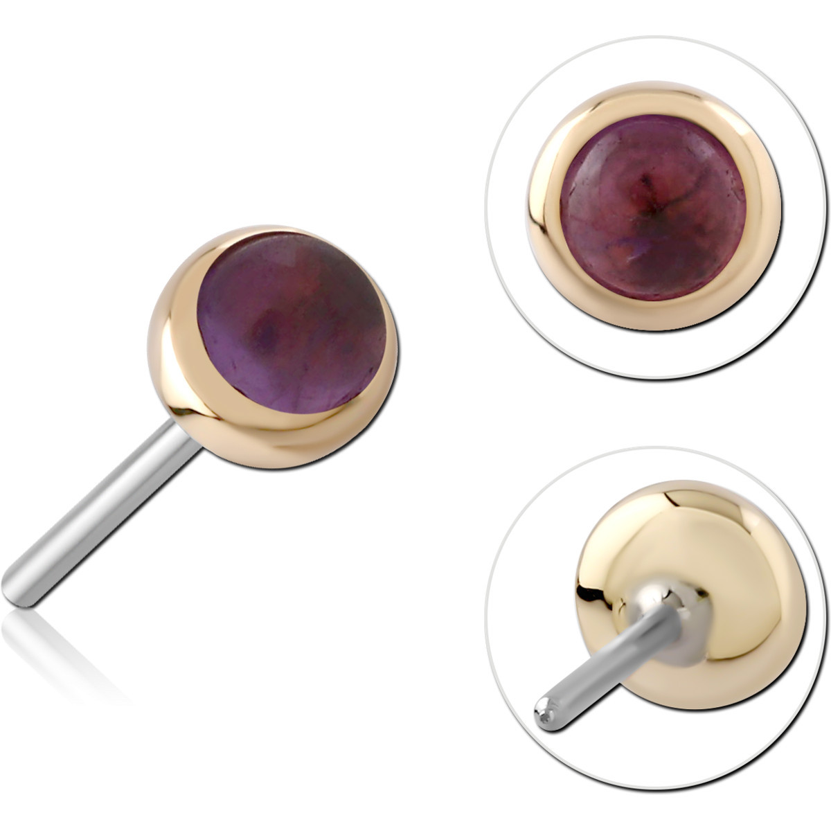 14K GOLD SEMI PRECIOUS CABOCHON ATTACHMENT TITANIUM THREADLESS PIN