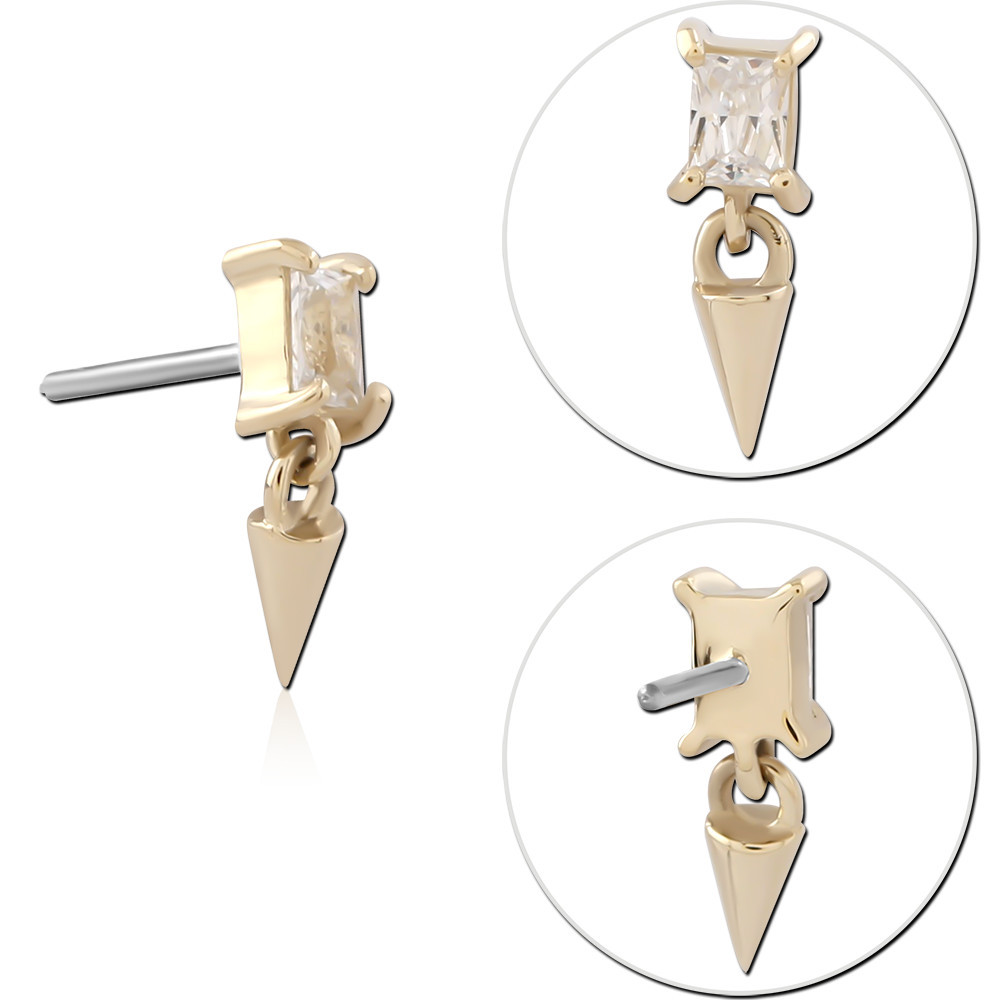 14K YELLOW GOLD THREADLESS TOP PRINCESS GEM WITH SPIKE DANGLE