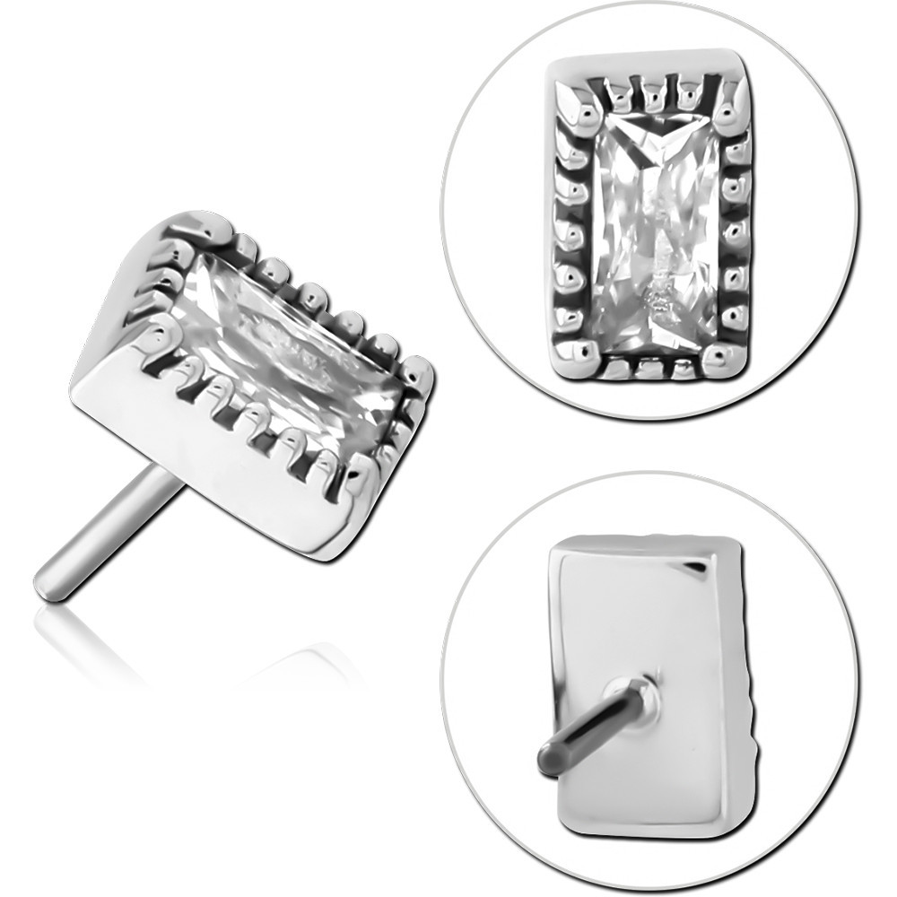14K WHITE GOLD THREADLESS ATTACHMENT RECTANGULAR CLEAR GEM PRONG SET