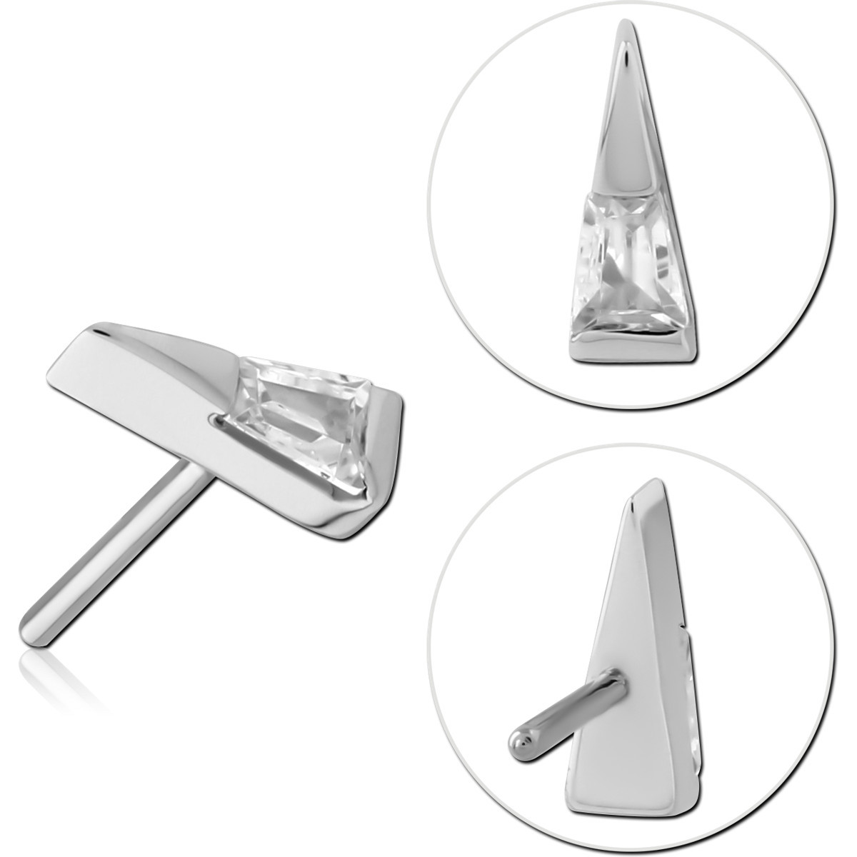 14K WHITE GOLD THREADLESS ATTACHMENT GEOMETRIC TRIANGLE OFFSET BEZEL CLEAR GEM