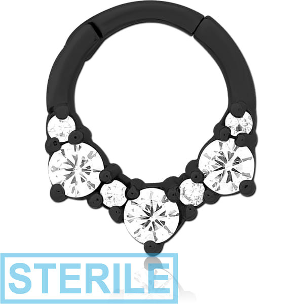 STERILE BLACK PVD COATED SURGICAL STEEL JEWELLED HINGED SEPTUM CLICKER RING