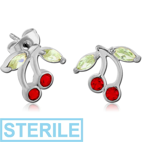 STERILE SURGICAL STEEL JEWELLED EAR STUDS PAIR - CHERRY