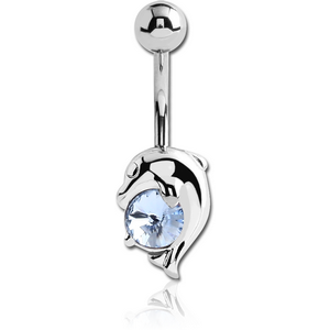RHODIUM PLATED BRASS JEWELLED DOLPHIN NAVEL BANANA