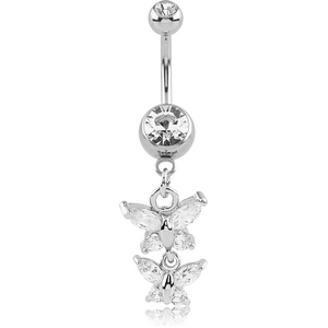 SURGICAL STEEL DOUBLE JEWELLED NAVEL BANANA WITH BUTTERFLY CHARM