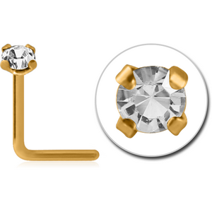 GOLD PVD COATED SURGICAL STEEL 90 DEGREE PRONG SET 2 MM JEWELLED NOSE STUD