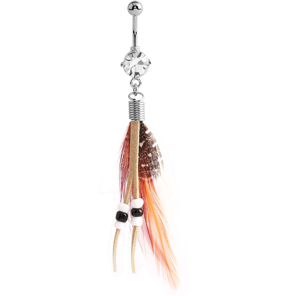 RHODIUM PLATED BRASS JEWELLED NAVEL BANANA WITH DANGLING CHARM - FEATHER