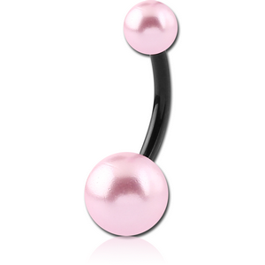BLACK PVD COATED SURGICAL STEEL DOUBLE SYNTHETIC PEARL BALL NAVEL BANANA