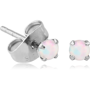 SURGICAL STEEL ROUND SYNTHETIC OPAL PRONG SET JEWELLED EAR STUDS PAIR
