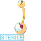 STERILE GOLD PVD COATED SURGICAL STEEL DOUBLE SWAROVSKI CRYSTALS JEWELLED NAVEL BANANA