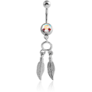 SURGICAL STEEL JEWELLED NAVEL BANANA WITH DANGLING CHARM - FEATHER