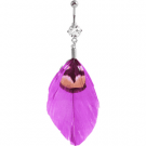RHODIUM PLATED BRASS JEWELLED NAVEL BANANA WITH DANGLING CHARM - FEATHER