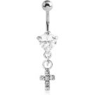 RHODIUM PLATED BRASS JEWELLED HEART NAVEL BANANA WITH DANGLING CHARM - CROSS