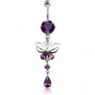 RHODIUM PLATED BRASS JEWELLED NAVEL BANANA WITH DANGLING CHARM - BUTTERFLY