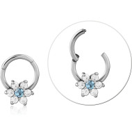SURGICAL STEEL HINGE SEGMENT RING FLOWER CZ CLUSTER BLUE CENTER PIERCING