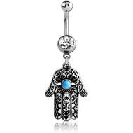 SURGICAL STEEL JEWELED NAVEL BANANA WITH DANGLING CHARM - HAMSA HAND PIERCING