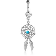 RHODIUM PLATED BRASS JEWELED NAVEL BANANA WITH DANGLING CHARM - DREAMCATCHER FEATHER PIERCING