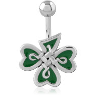 SURGICAL STEEL NAVEL BANANA GREEN ENAMEL CELTIC KNOT WITH SHAMROCK CHARM PIERCING