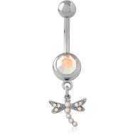SURGICAL STEEL NAVEL BANANA JEWELED TOP WITH DRAGONFLY DANGLE CHARM RED GEMS PIERCING
