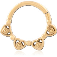 GOLD PVD 18K COATED SURGICAL STEEL HINGE SEGMENT RING TRIPLE HEARTS PIERCING