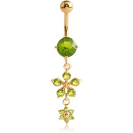 GOLD PVD COATED BRASS JEWELLED FLOWER NAVEL BANANA WITH DANGLE CHARMS PIERCING