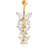GOLD PVD COATED BRASS JEWELLED BUTTERFLY NAVEL BANANA WITH DANGLING CHARM - BUTTERFLY PIERCING