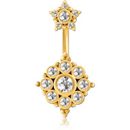GOLD PVD COATED SURGICAL STEEL INTERNALLY THREADED DOUBLE JEWELLED NAVEL BANANA