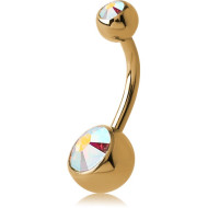 ANODISED GOLD PVD COATED TITANIUM DOUBLE SWAROVSKI CRYSTAL JEWELLED NAVEL BANANA