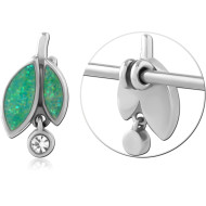 SURGICAL STEEL INDUSTRIAL SLIDING CHARM GREEN OPAL LEAF WITH CRYSTAL DANGLE PIERCING