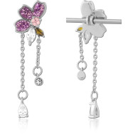 316L SURGICAL STEEL INDUSTRIAL SLIDING CHARM FLOWER PINK GEMS WITH DANGLE CHAINS PIERCING