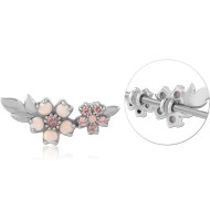 SURGICAL STEEL INDUSTRIAL SLIDING CHARM FLORAL CLUSTER AND LEAF WITH GEMS PIERCING
