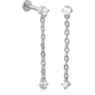 SURGICAL STEEL INTERNAL LABRET FLAT BACK DOUBLE CLEAR GEM CHAIN DANGLE PIERCING