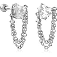 316L SURGICAL STEEL TRAGUS BARBELL HEART GEM WITH STAR AND DOUBLE CHAIN CHARMS PIERCING
