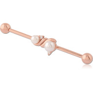 316L ROSE GOLD PVD COATED SURGICAL STEEL INDUSTRIAL BARBELL WITH DOUBLE PEARL SLIDING CHARM