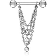 SURGICAL STEEL JEWELLED NIPPLE BAR WITH CHAIN PIERCING