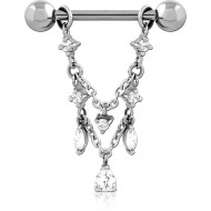 SURGICAL STEEL JEWELLED NIPPLE BAR WITH CHAIN PIERCING