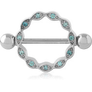 SURGICAL STEEL NIPPLE SHIELD SCALLOPED RING WITH AQUA PAVE GEMS BARBELL PIERCING