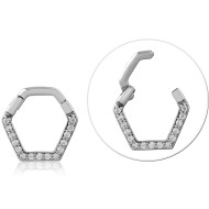 SURGICAL STEEL HINGE SEGMENT RING GEOMETRIC PAVE CLEAR GEM FRONT PIERCING