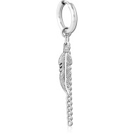 316L SURGICAL STEEL HOOP EARRING WITH FEATHER AND CHAIN CHARMS PIERCING