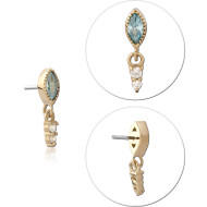 14K YELLOW GOLD THREADLESS TOP MARQUISE AQUAMARINE GEM WITH GRADUATED TRIPLE GEM DANGLE PIERCING