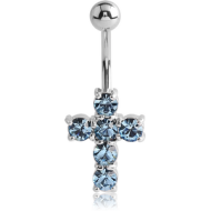 RHODIUM PLATED BRASS JEWELLED CROSS NAVEL BANANA