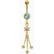 GOLD PVD COATED SURGICAL STEEL JEWELLED NAVEL BANANA WITH FLOWER CHARM PIERCING