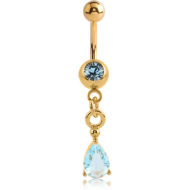 GOLD PVD COATED SURGICAL STEEL SWAROVSKI CRYSTAL JEWELLED MINI NAVEL BANANA WITH PRONG SET PEAR CHARM PIERCING