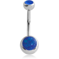 SURGICAL STEEL INTERNALLY THREADED DOUBLE JEWELLED NAVEL BANANA WITH SYNTHETIC OPAL PIERCING