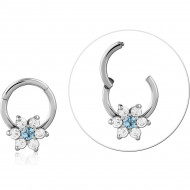 SURGICAL STEEL HINGE SEGMENT RING FLOWER CZ CLUSTER BLUE CENTER PIERCING