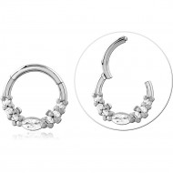 STEEL HINGE SEGMENT RING MARQUISE CENTER GEM WITH CLUSTER ACCENTS PIERCING
